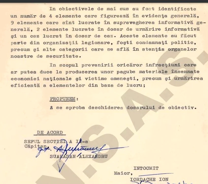 Doscumentul prin care s-a deschis dosarul „de obiectiv” FOTO arhivă CNSAS