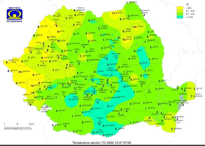 Temperatura aerului pe 27 decembrie, la ora 7. FOTO ANM