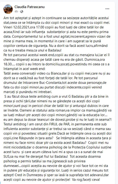 
    Acesta este mesajul publicat de Claudia Pătrășcanu pe Facebook  