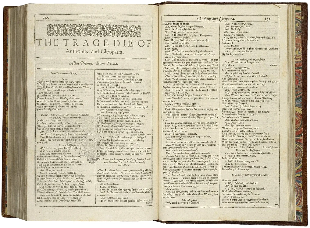 Prima pagină a tragediei „Antoniu și Cleopatra”, în First Folio 