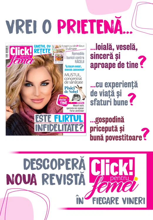 
    Din 12 octombrie 2018 revista „Click! pentru femei” va fi relansată într-un nou format  
