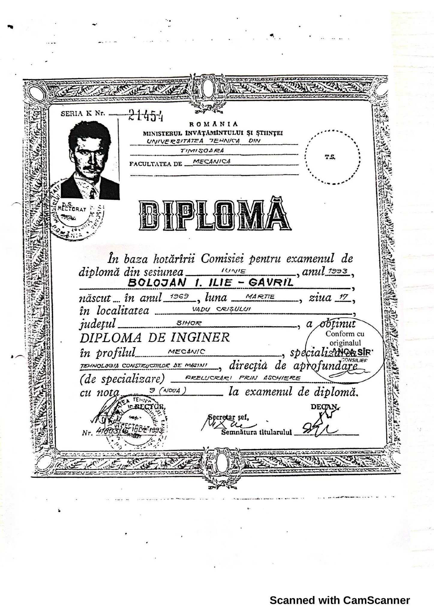 Ilie Bolojan a publicat diploma de absolvire. „Tinerii admiși la facultate efectuau 9 luni de armată”