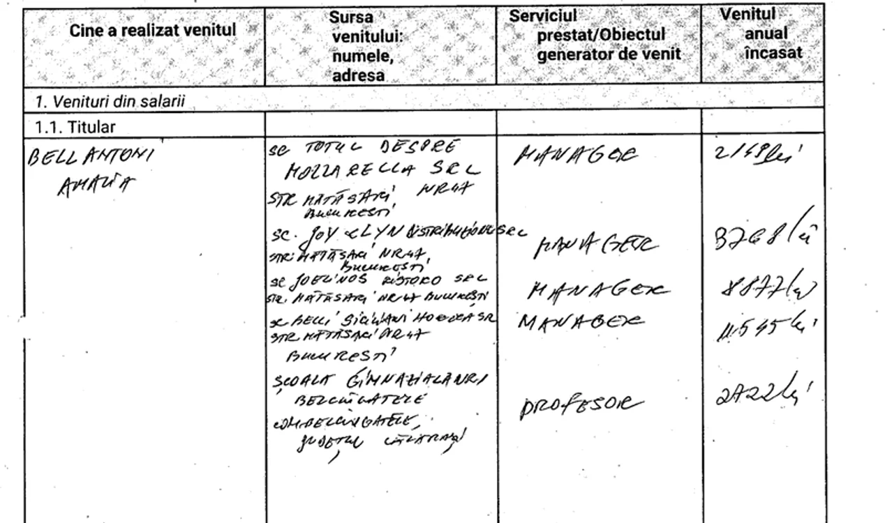 Amalia Bellantoni, manager în 4 firme, câștigă doar 2.200 lei pe lună