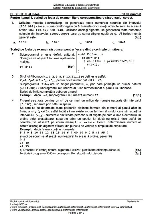 Bac 2015 subiecte Informatica limbajul c/c++/mate-info - prima sesiune