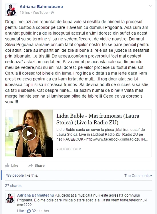 Adriana Bahmuțeanu a făcut anunțul pe Facebook