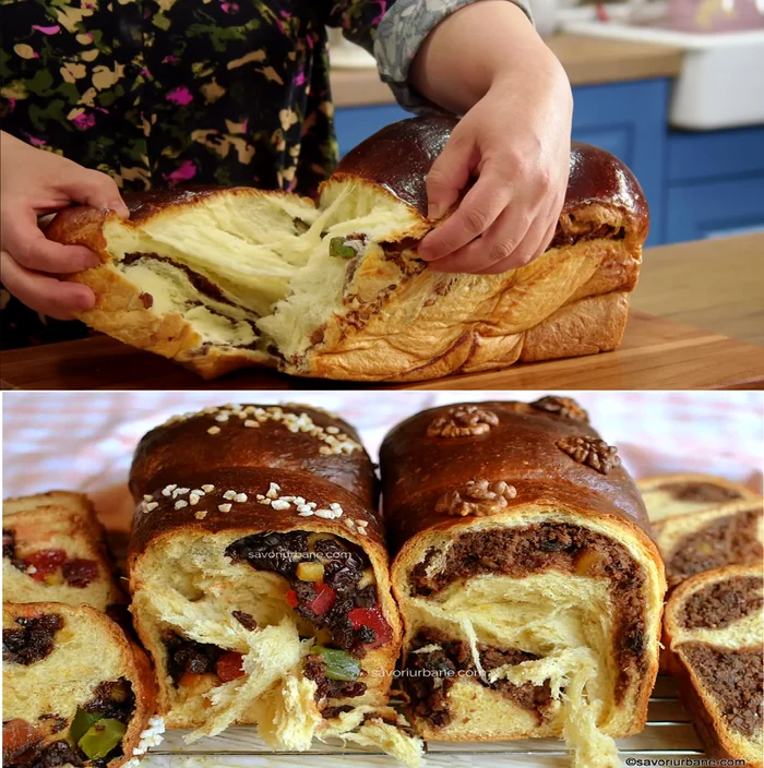 Cozonac cu aluat opărit și tradițional cu nucă și cacao și rahat și ciocolată Jamila&SavoriUrbane