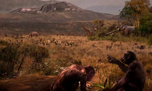 O reprezentare artistică a lui Graecopithecus freybergi, în mediul său natural, savana care exista în urmă cu 7,2 milioane de ani, în zona Atenei contemporane (© Facebook / Velizar Simeonovski)