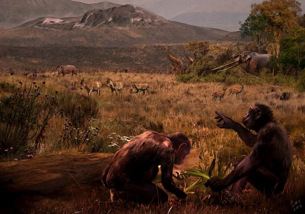 O reprezentare artistică a lui Graecopithecus freybergi, în mediul său natural, savana care exista în urmă cu 7,2 milioane de ani, în zona Atenei contemporane (© Facebook / Velizar Simeonovski)