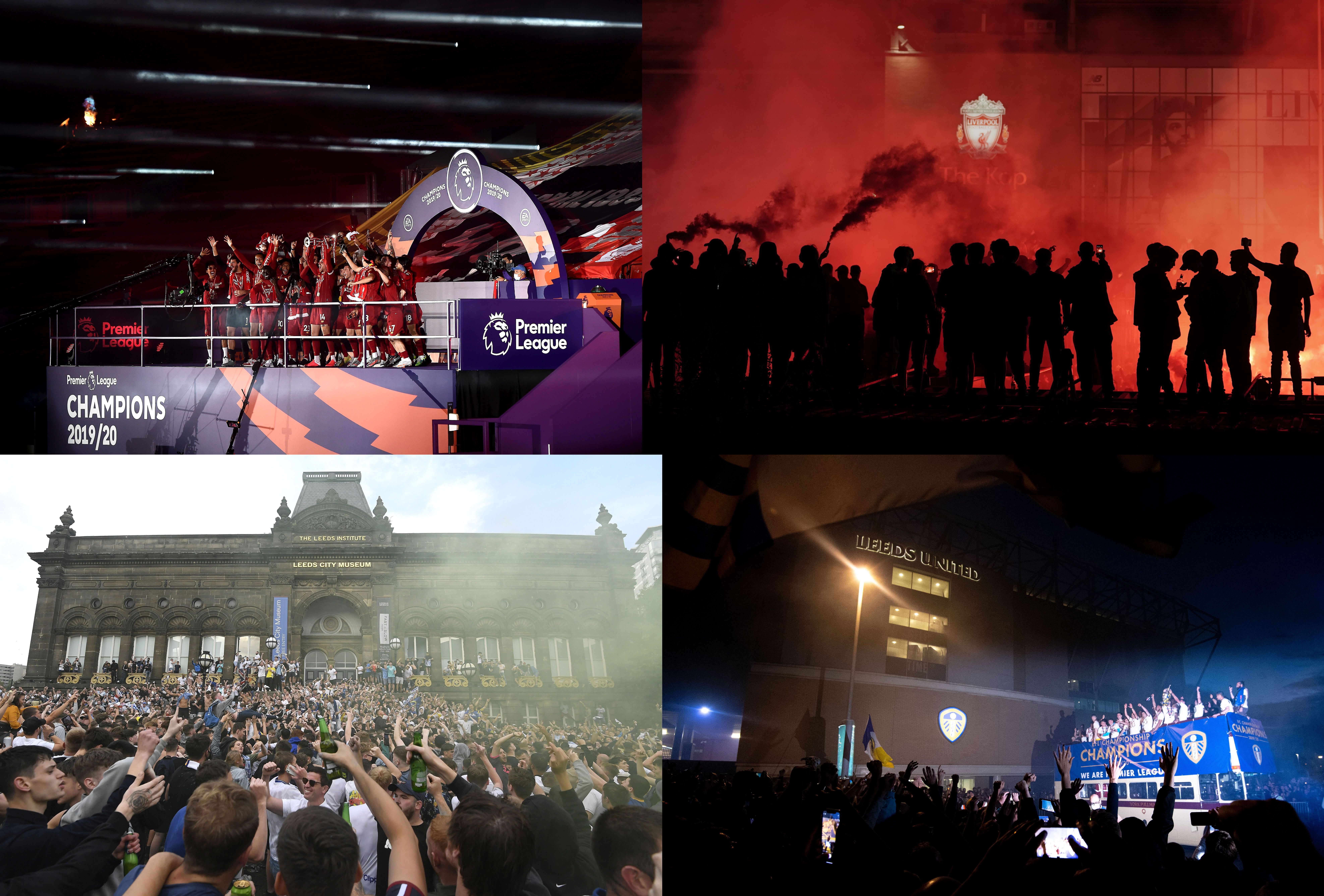 
    Fanii lui Liverpool FC și Leeds United au sărbătorit în orașele aflate la 117 km distanță unul de celălaltFoto: Guliver / GettyImages  