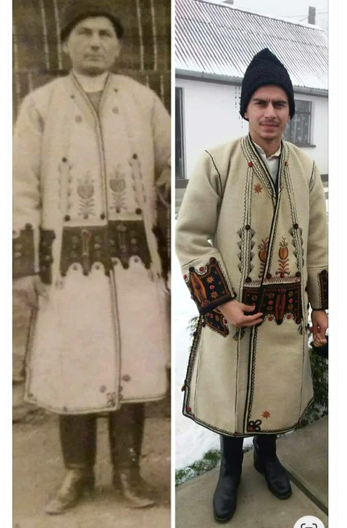Străbunicul și Alexandru purtând șuba FOTO Alexandru Chiș 