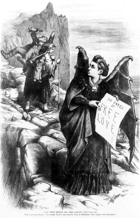 Victoria Woodhull, într-o caricatură care ironiza lupta ei pentru drepturile femeilor și amorul liber