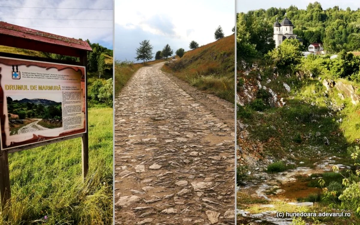 Drumul de marmură, cariera şi biserica din Alun. Colaj. Fotografii: Daniel Guţă. ADEVĂRUL.