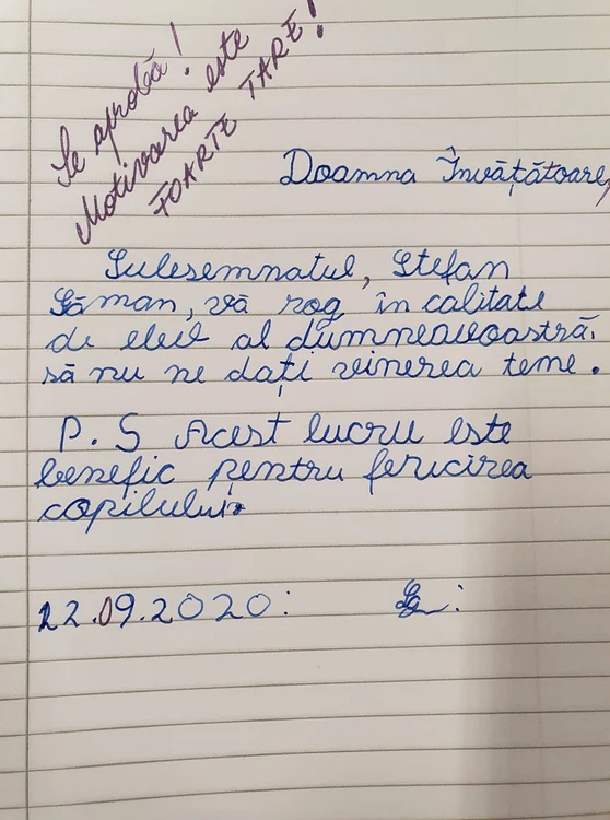 Scrisoarea pe care Ștefan a trimis-o marți învățătoarei lui