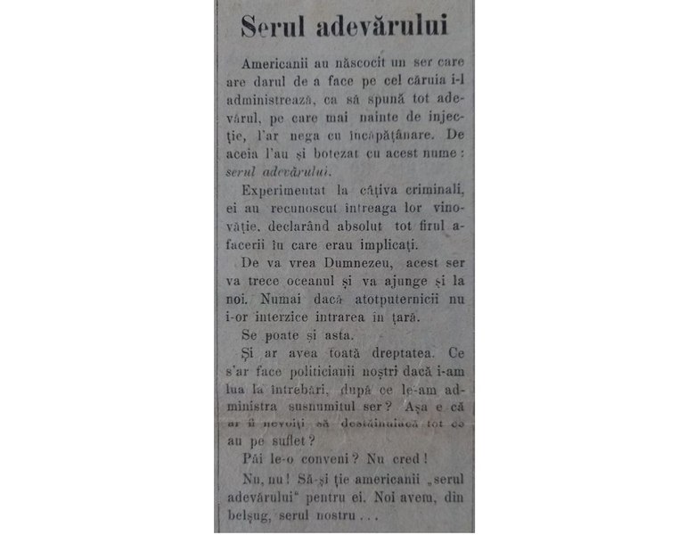 Controversa privind „serul adevărului”, ironizată într-un articol de acum un secol: „Să-l ție americanii pentru ei”