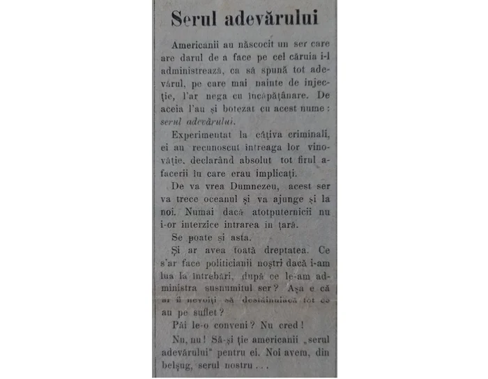 Articolul despre „serul adevărului” în ziarul Vestea FOTO Arhivele Naționale Alba