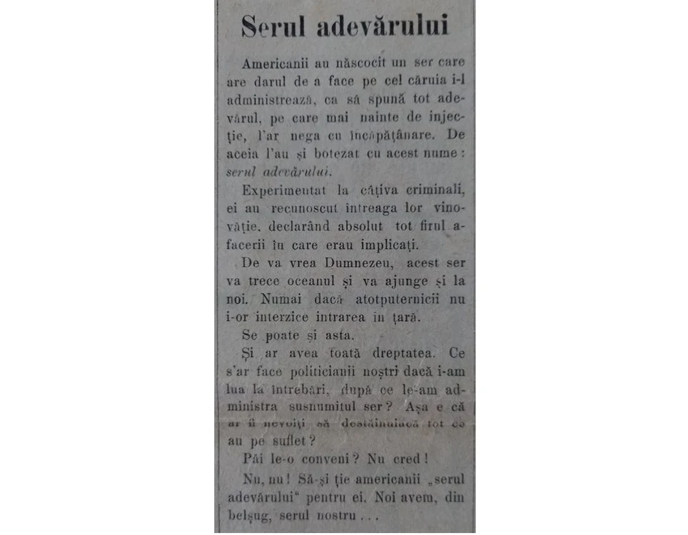 Articolul despre „serul adevărului” în ziarul Vestea FOTO Arhivele Naționale Alba