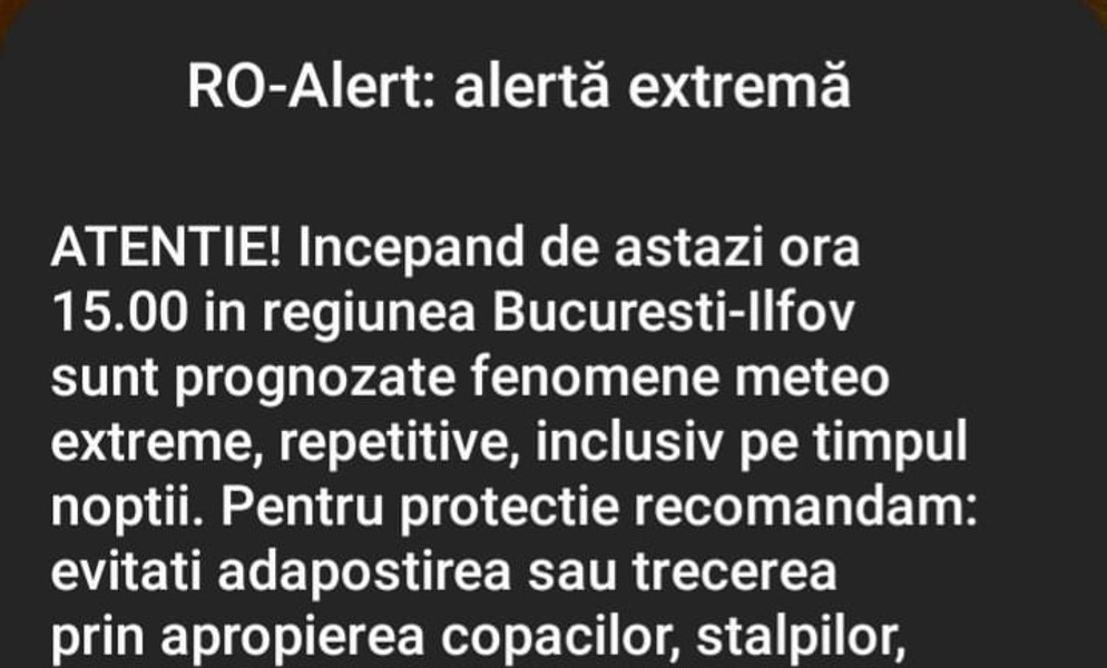 Ciclonul lovește Capitala. Bucureștenii, avertizați prin RO-ALERT cu privire la fenomene meteo extreme
