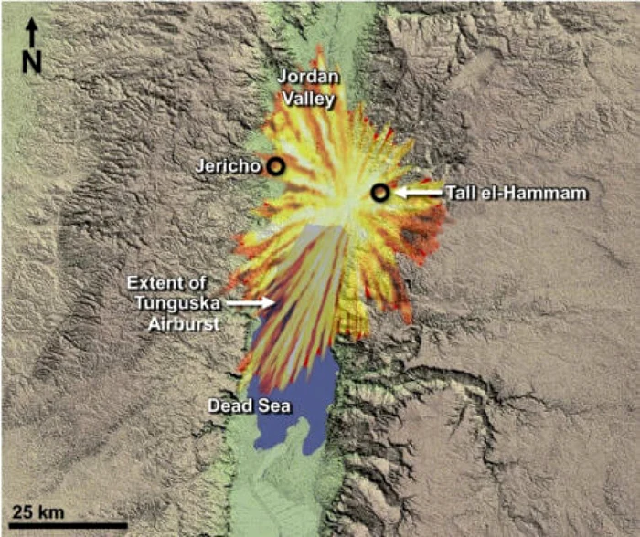 O suprapunere a unei explozii procate de un meteorit în estul Siberiei asupra regiunii Mării Moarte FOTO via Study Finds