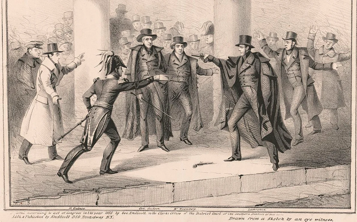 Tentativa de asasinat asupra președintelui Andrew Jackson. Litografie de Endicott & Co, din 1835