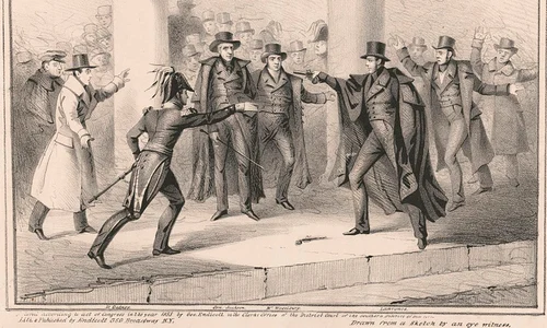 Tentativa de asasinat asupra președintelui Andrew Jackson. Litografie de Endicott & Co, din 1835