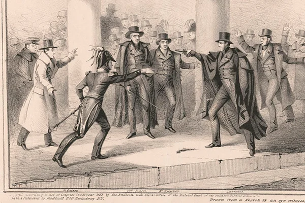 Tentativa de asasinat asupra președintelui Andrew Jackson. Litografie de Endicott & Co, din 1835