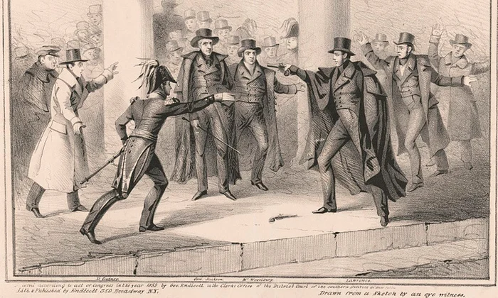 Tentativa de asasinat asupra președintelui Andrew Jackson. Litografie de Endicott & Co, din 1835