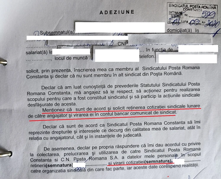 Adeziune semnată de un membru in anul 2020 FOTO: Sindicat P.R. Constanța