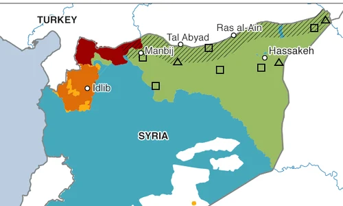 Hartă a Siriei  Zona verde este zona ocupată de kurzi, zona albastră este ocupată de guvernul sirian, iar zonele galben inchis de Statul Islamic  Zona haşurată ar fi cea pe care Turcia vrea să o elibereze png