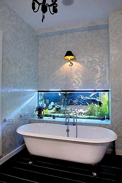 Într-una dintre cele şase băi proprietarul are un acvariu cu peşti exotici