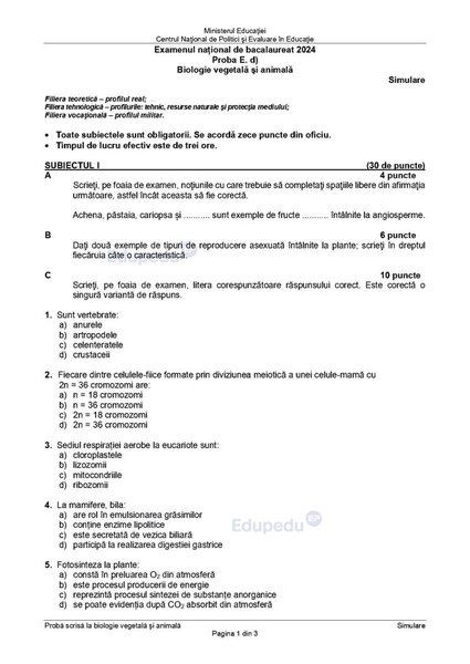 Simulare Bacalaureat 2024. Subiectele probei la alegere la profilul REAL. DOCUMENT