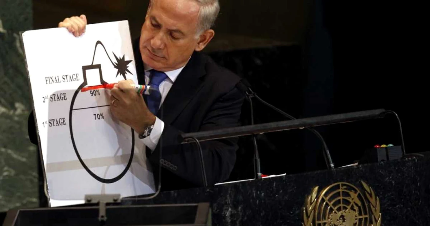 Iranul are, în prezent, o capacitate de 70% pentru a concepe arme nucleare şi trebuie împiedicat cât mai repede pentru a nu ajunge stat nuclear 100%, a atras atenţia premierul israelian Benjamin Netanyahu, la ONU  FOTO: Reuters