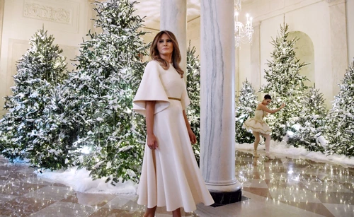 First Lady Melania Trump welcomes children and students from Joint Base Andrews to the White House to view the 2017 holiday decorations DC jpeg