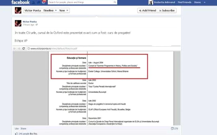 Postarea de pe pagina de Facebook a premierului Victor Ponta