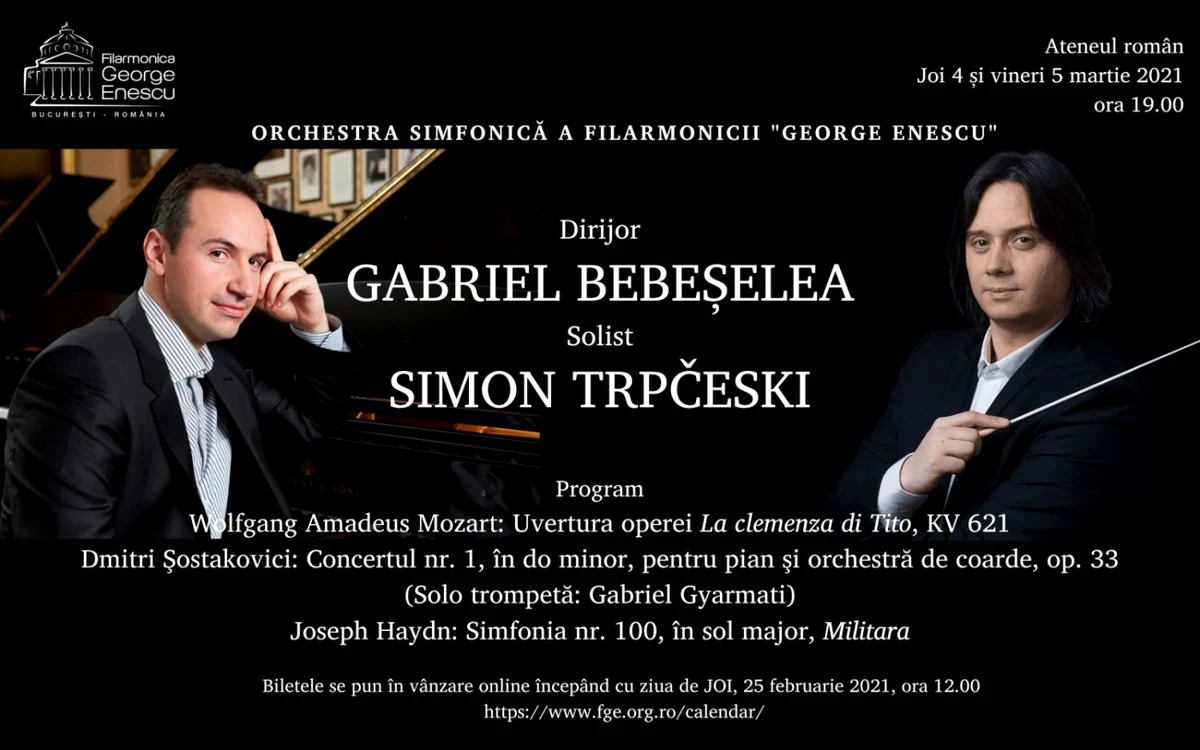 Dirijorul Gabriel Bebeşelea şi pianistul Simon Trpčeski vor concerta joi şi vineri, alături de Filarmonica "George Enescu"