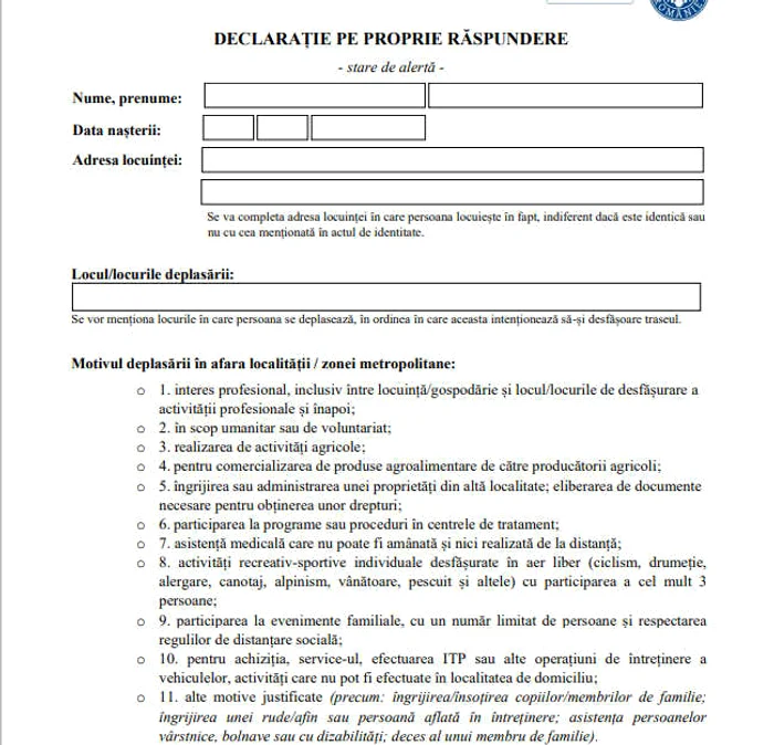 Noua declarație pe proprie răspundere va fi obligatorie doar dacă ieși din oraș 