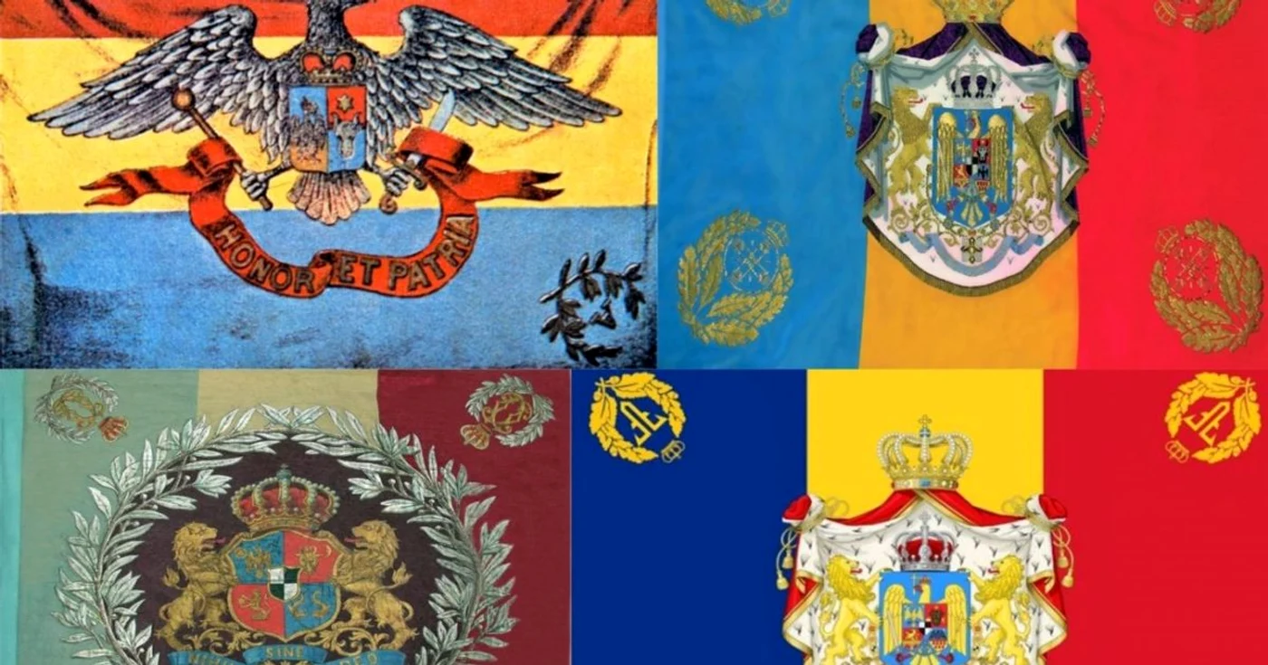 Steagurile pe care le poţi câştiga la concursul „Scrie-i României!“: Cuza (stânga sus), Carol I (stânga jos), Ferdinand I (dreapta jos) şi Mihai I (dreapta sus)