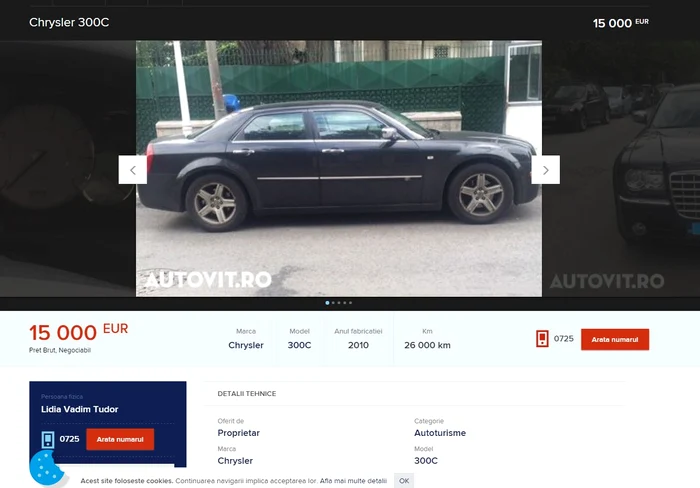 Maşina lui Vadim Tudor poate fi cumpărată cu 15.000 de euro