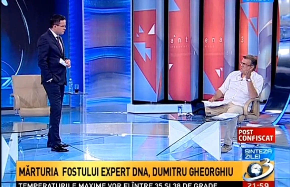 Dumitru Gheorghiu a participat în mai multe emisiuni realizate de Mihai Gâdea, într-una dintre ele susţinând şi pledoaria finală din dosarul civil cu DNA FOTO captură Antena3