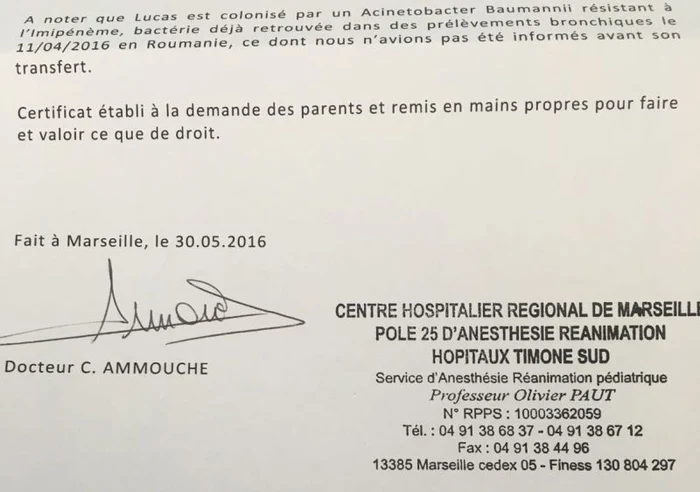 Francezii au scris negru pe alb că băieţelul valeriei a venit cu bacterie periculoasă, iar ei nu au ştiut nimic