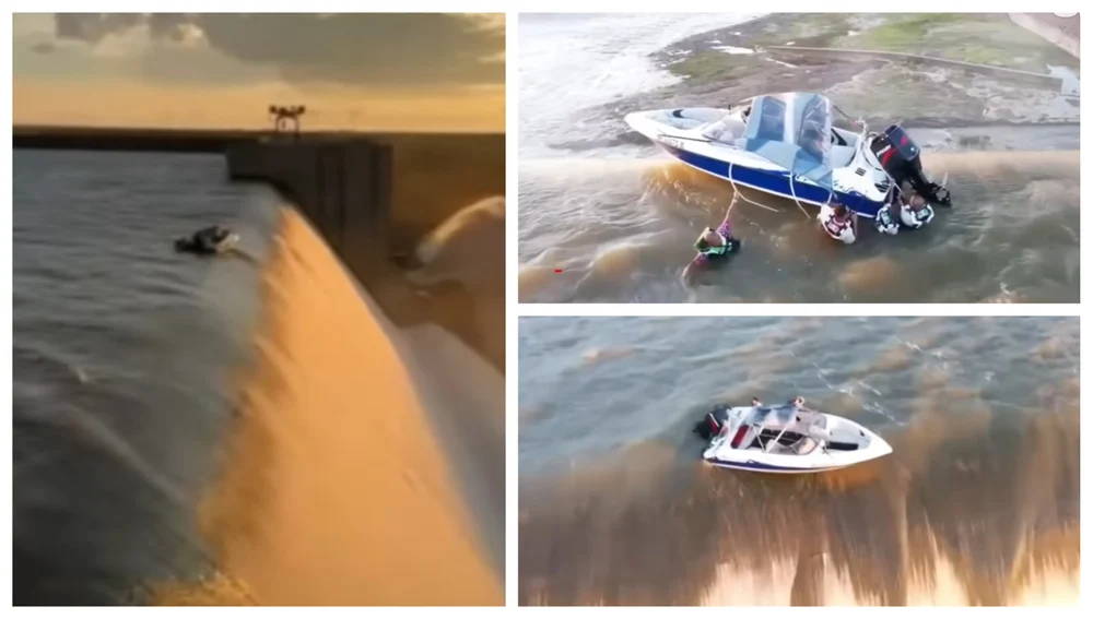 La un pas de tragedie. Momentul în care 4 bărbați agățați de o barcă sunt salvați de la marginea unui baraj de 40 de metri