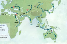 Răspândirea Homo sapiens în Asia și Europa (© Katerina Douka & Michelle O’Reilly, Michael D. Petraglia / Wikimedia Commons)