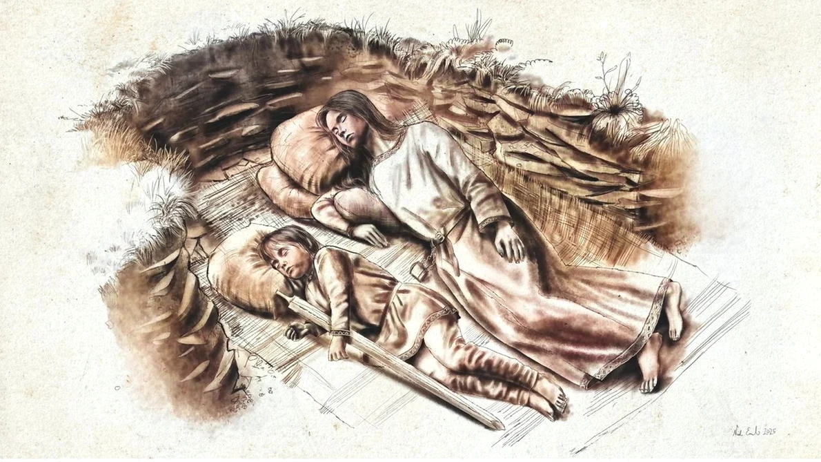 O reconstrucție artistică a dublei înmormântări anglo-saxone ( © Neil Max Emmanuel / Time Team)
