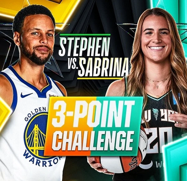 Sabrina Ionescu în duel cu jucătorul NBA Stephen Curry, la All-Star Game / foto: Instagram