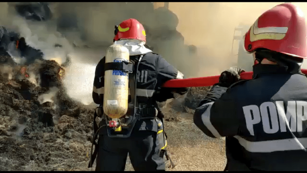 Incendiu devastator la ferma unei renumite companii. Depozit de furaje, în flăcări timp de peste șase ore VIDEO