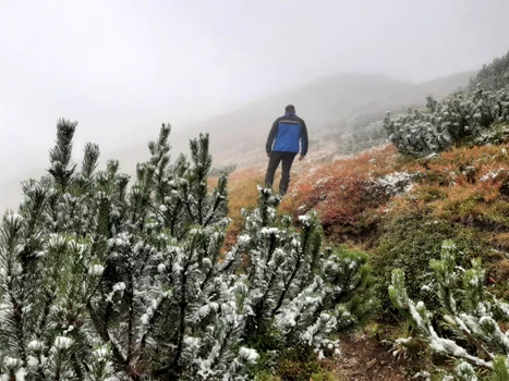 Prima ninsoare la munte. În Pasul Rotunda la 1.200 m altitudine este lapoviţă