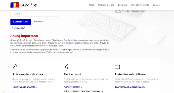Secțiunea „Plătește amenzi ordonanțe militare” e pe prima pagină a site-ului