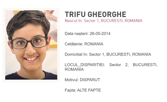 Copilul dispărut se numește Trifu Gheorghe. FOTO: captură Poliția Capitalei