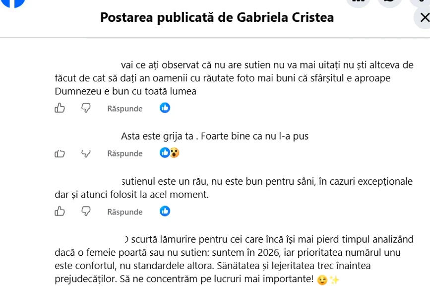 Comentariile primite de Gabriela Cristea. Foto: Facebook