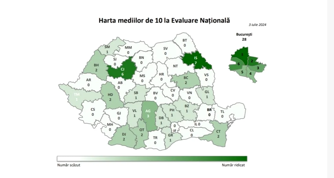 Harta mediilor de 10 obținute la Evaluarea Națională 2024 Sursa: raport Ministerul Educației 