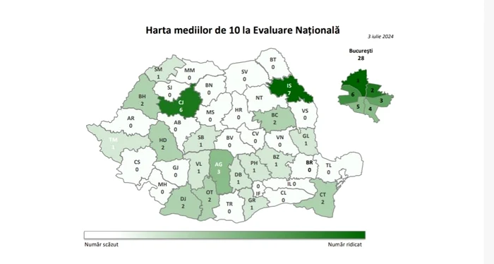Harta mediilor de 10 obținute la Evaluarea Națională 2024 Sursa: raport Ministerul Educației